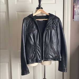 Black Quilted Leather Jacket w/ Hood